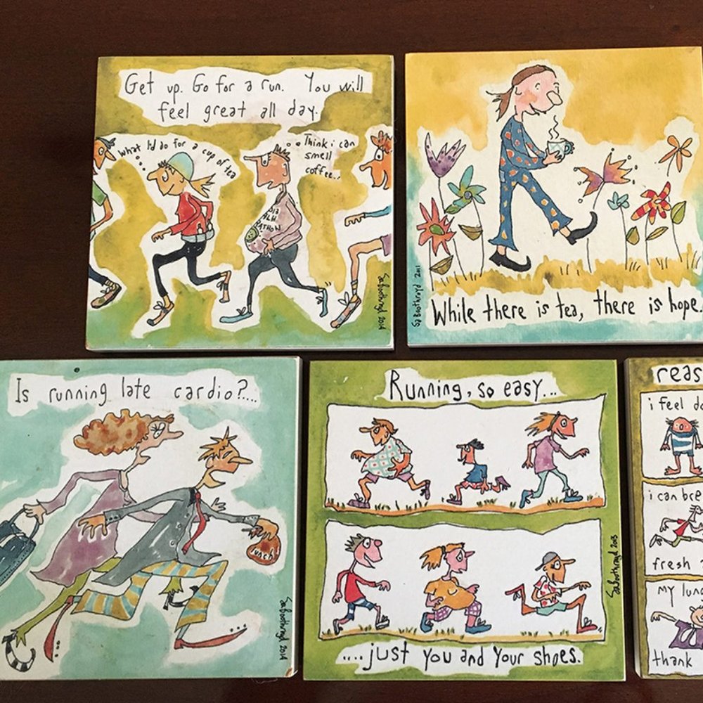 Sa Boothroyd Gallery 5 Coasters made by Elves in BC "Run/Runnners"